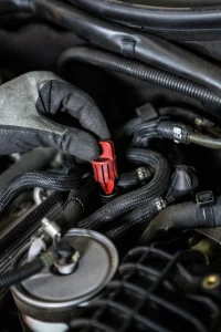 Alternator And Starter Repair Conducted By A Mechanic Wearing Gloves While Touching And Inspecting Engine Components