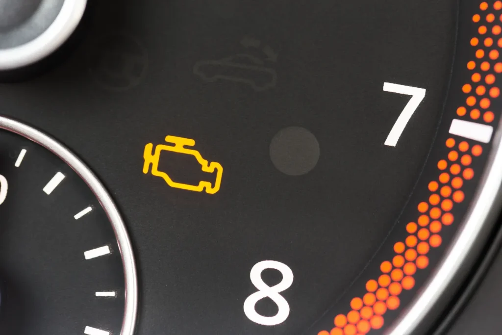 A yellow check engine light is illuminated on a dark car dashboard, signaling the need for an engine diagnostic service.