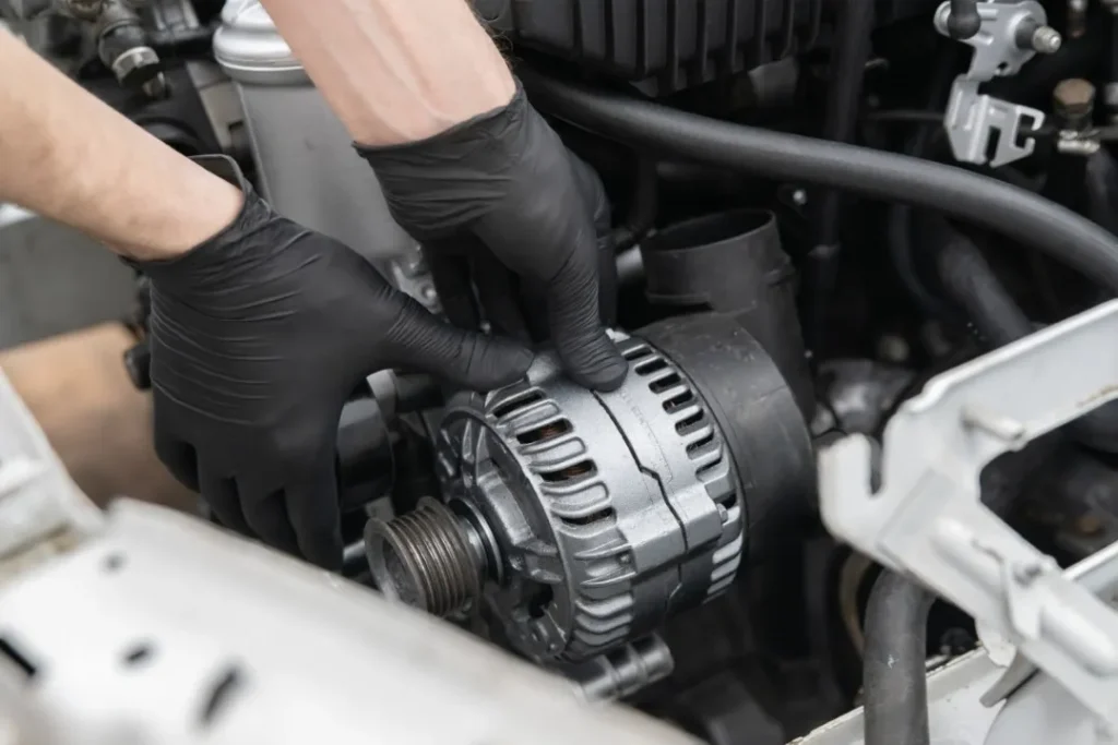 Mechanic with black gloves installs a new car alternator, demonstrating alternator and starter engine service in action.