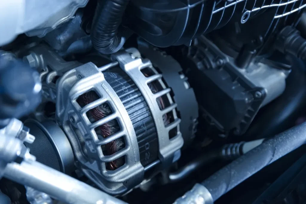 Detailed close-up of a modern automotive alternator, a crucial part of alternator and starter engine service.