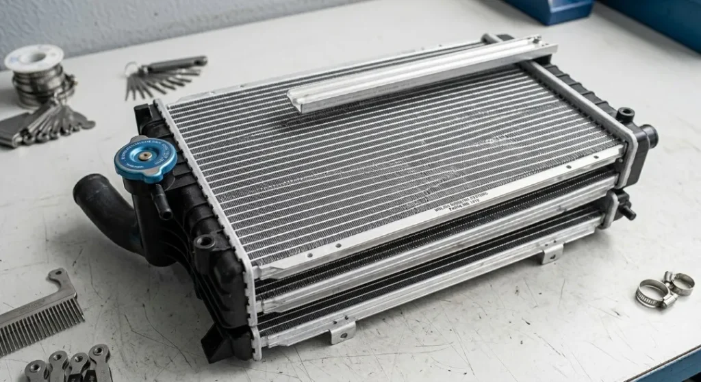 A clean, new car radiator with a blue cap, ready for a radiator service.