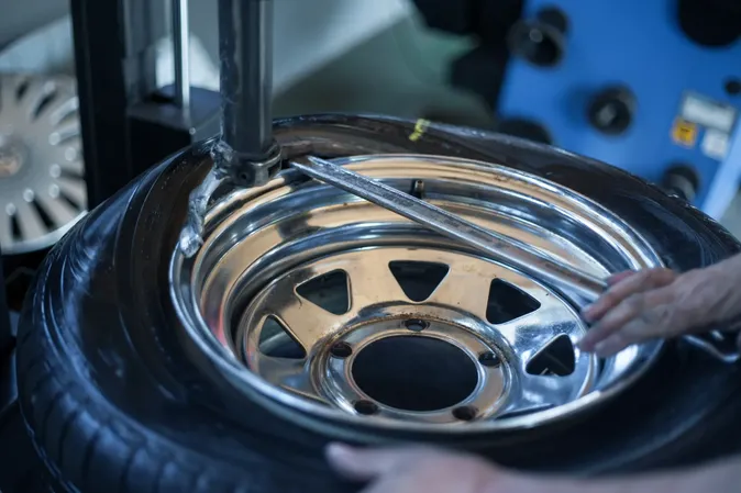 Primer plano de una desmontadora de llantas operando sobre un rin de cromo, mostrando una etapa de tire repair.